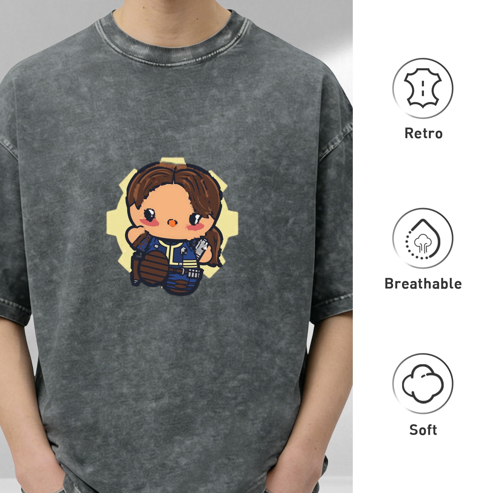 Washed Black T-Shirt with Cute Vault Dweller Chibi Graphic