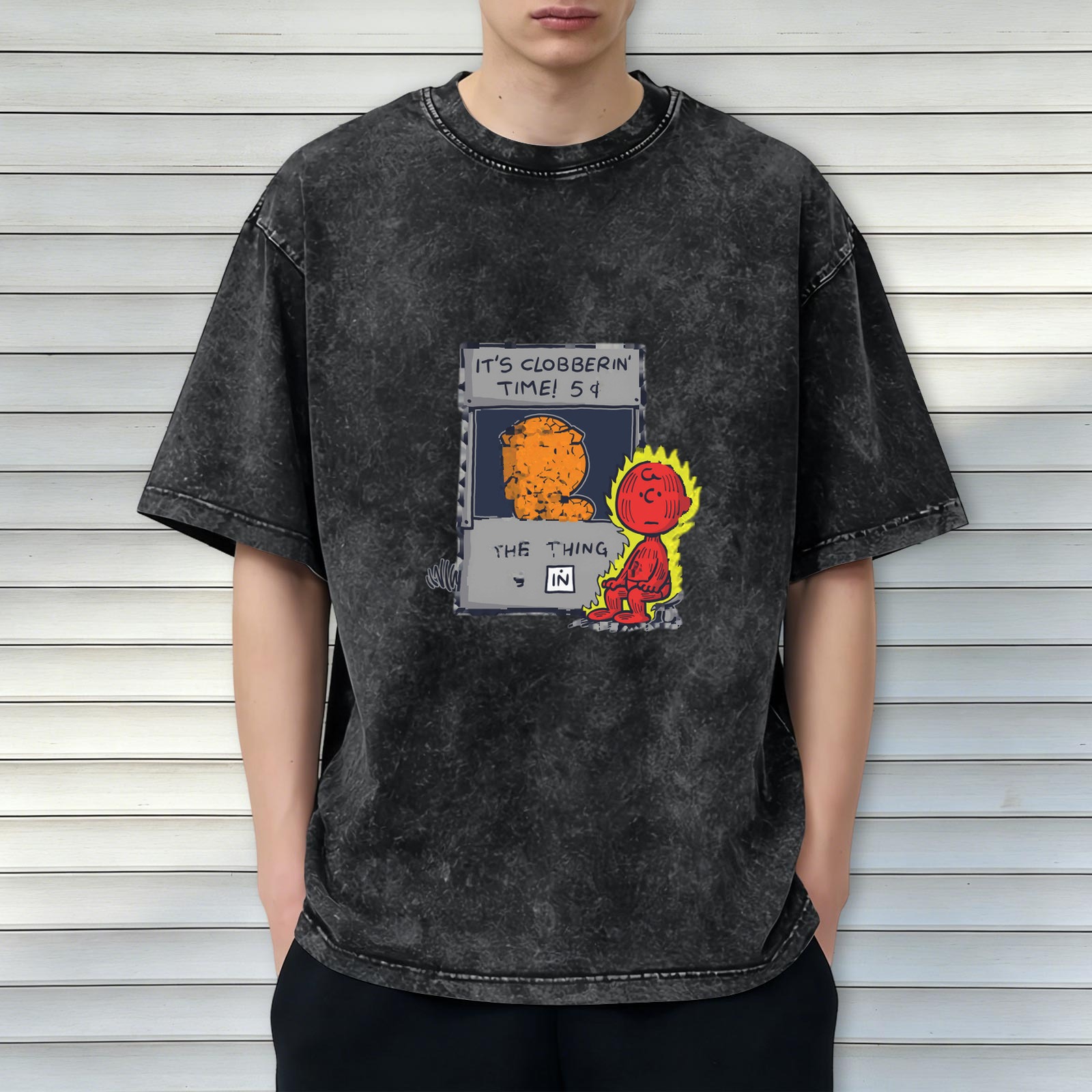 Vintage Acid Wash T-Shirt With It's Clobberin' Time Comic Print