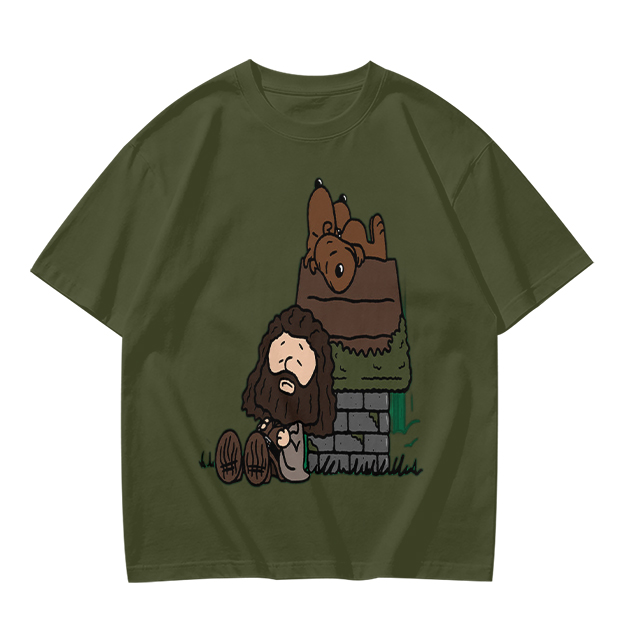 Olive T-Shirt With Cartoon Bearded Man And Doghouse Print