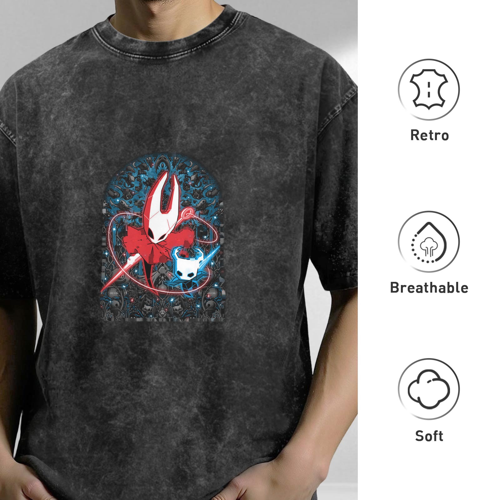 Hollow Knight Themed Dark Wash Graphic T-Shirt