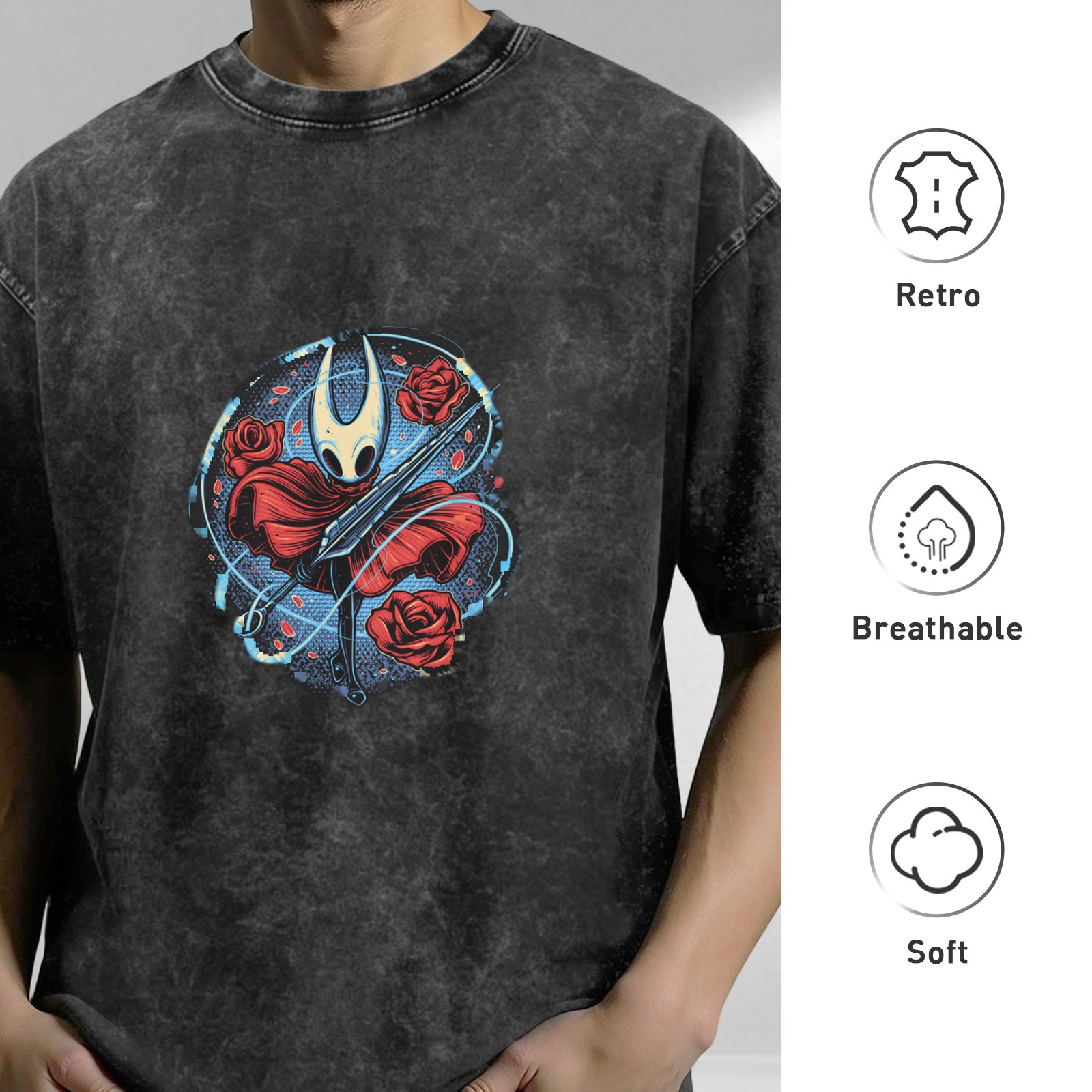 Washed black graphic t-shirt with Hollow Knight Hornet and roses print