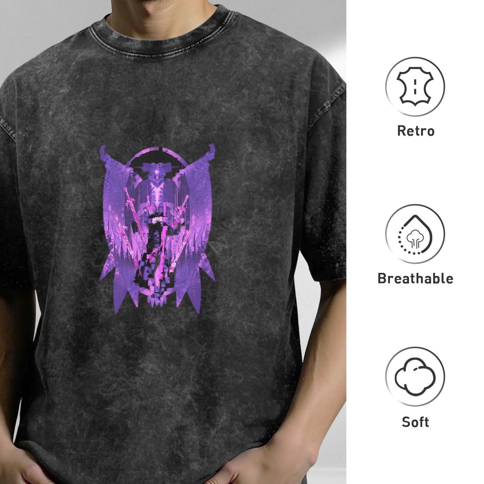 Washed Black T-Shirt With Purple Dark Angel Graphic Print