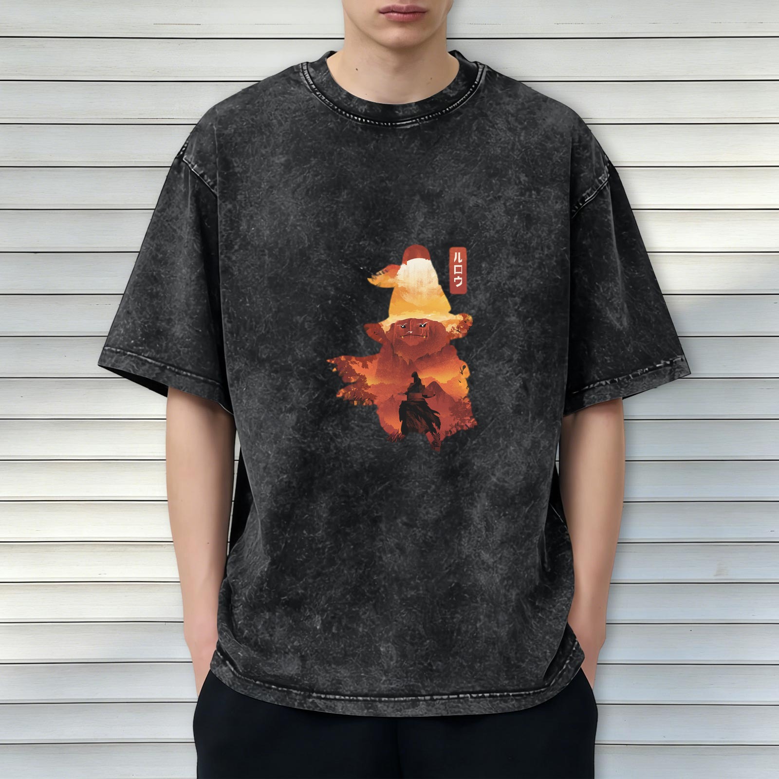 Oversized dark washed graphic t-shirt with wizard silhouette art
