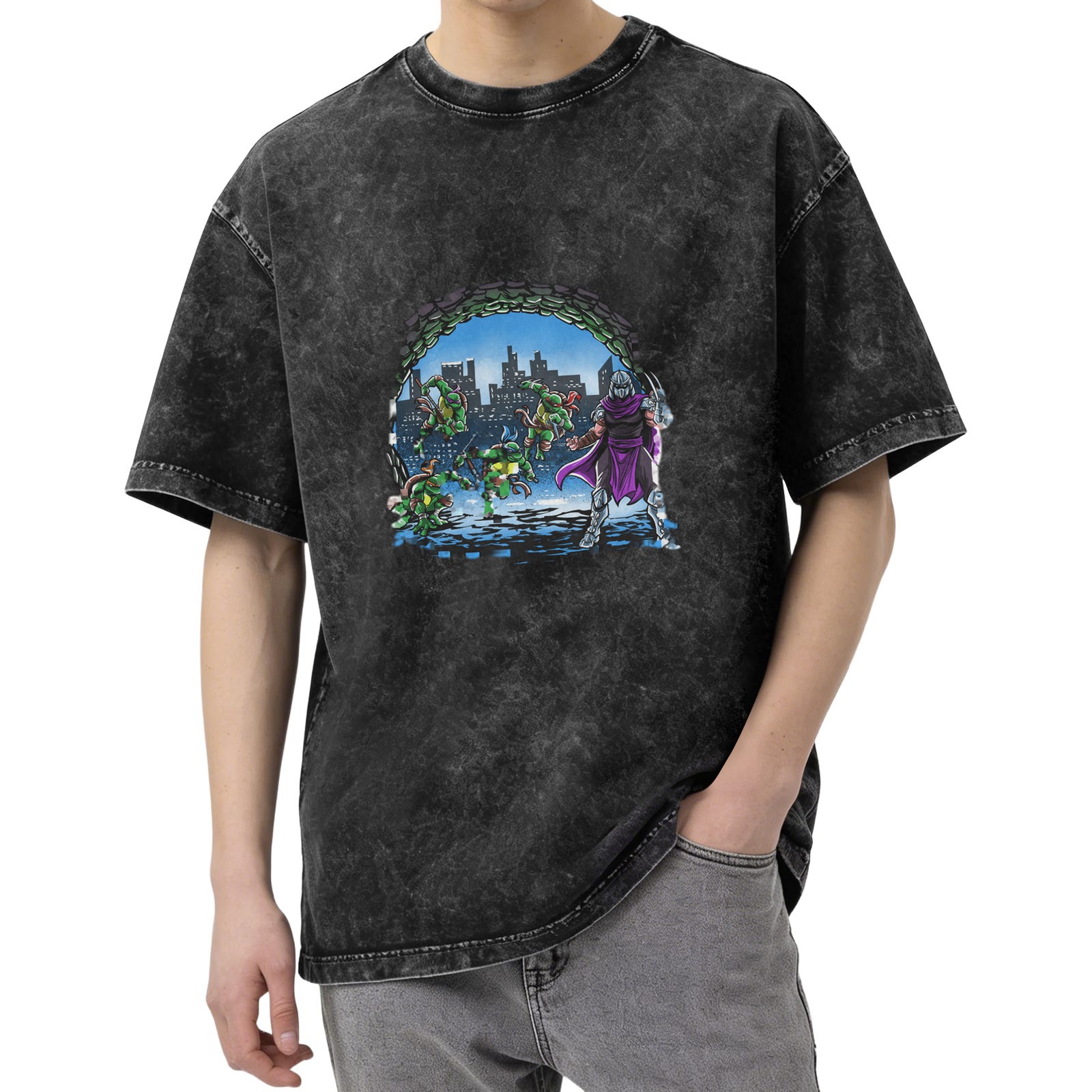 Washed Black T-Shirt with Teenage Mutant Ninja Turtles vs Shredder Graphic