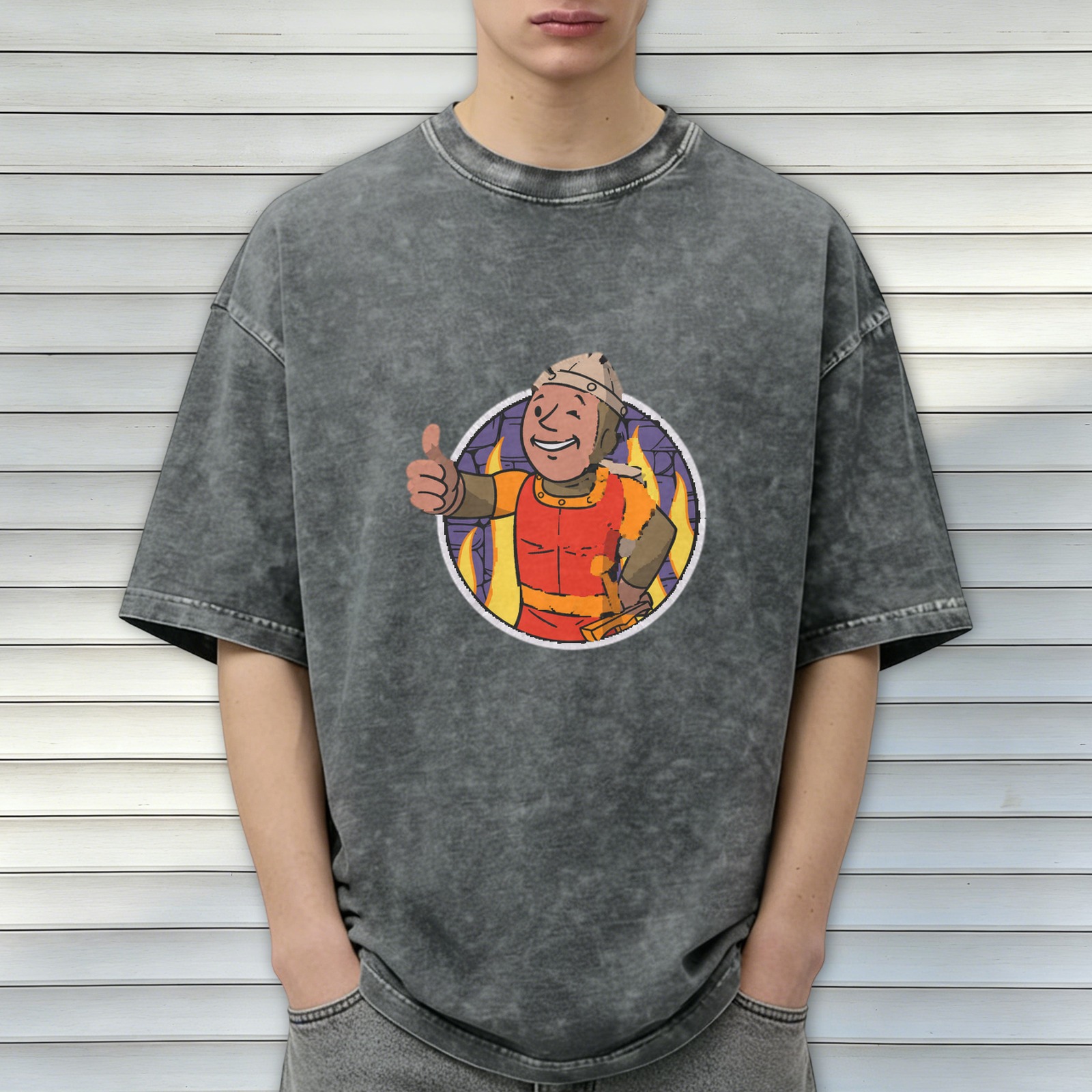 acid wash black t-shirt with cartoon fireman giving thumbs up graphic