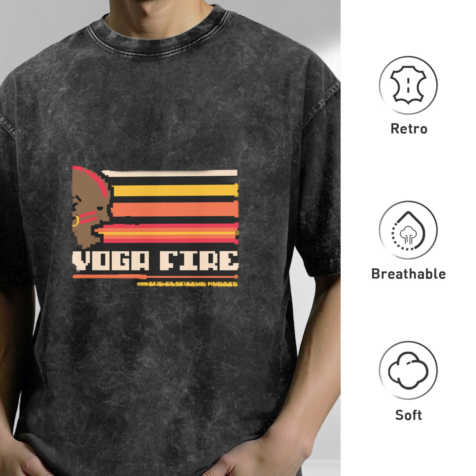 Voga Fire Graphic Acid Wash Black Short Sleeve T-Shirt