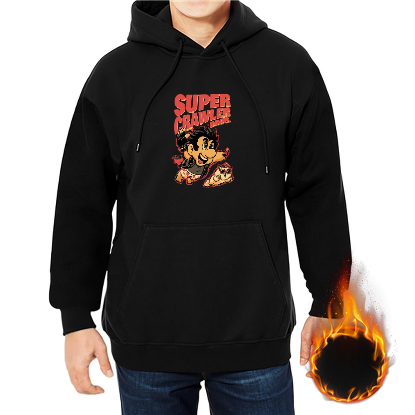 Black hoodie with Super Crawler cartoon character and pizza graphic