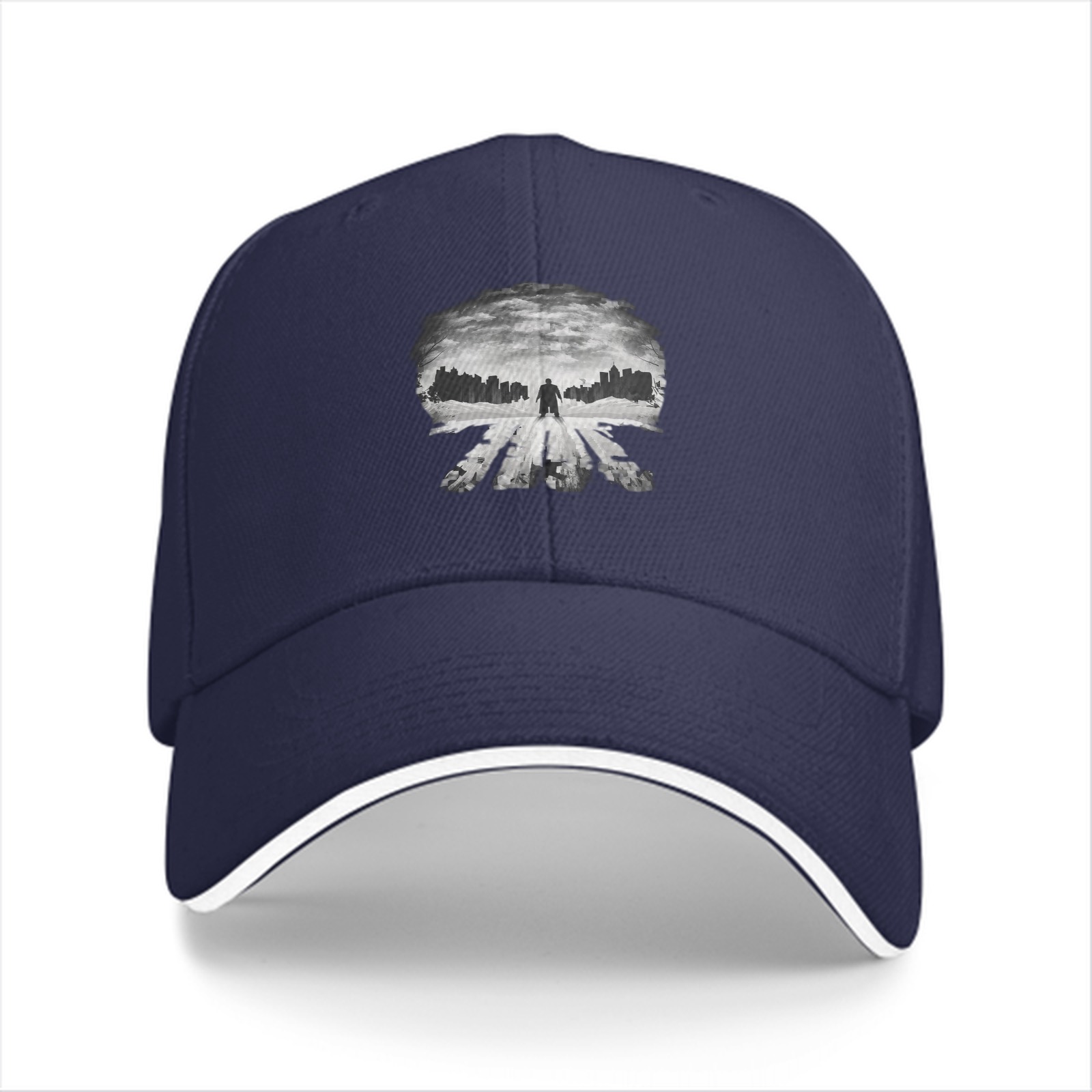 Black baseball cap with Punisher skull cityscape graphic