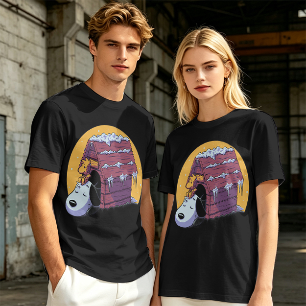 Olive T-shirt with Snoopy and Woodstock at snow-covered doghouse
