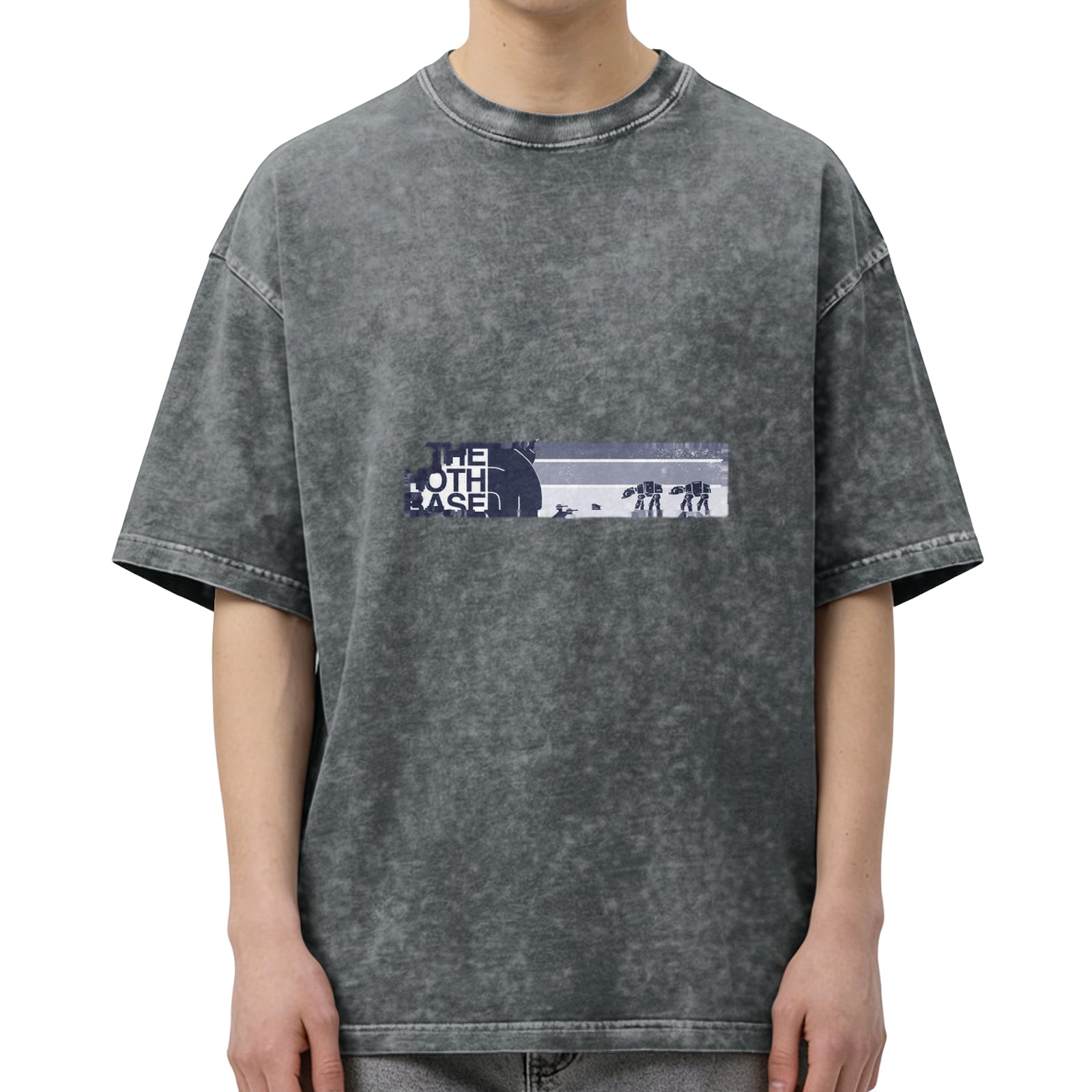 Men's Oversized Acid Wash T-Shirt with 'The Hoth Base' Star Wars Graphic Print, Black Distressed Denim-Look Fabric