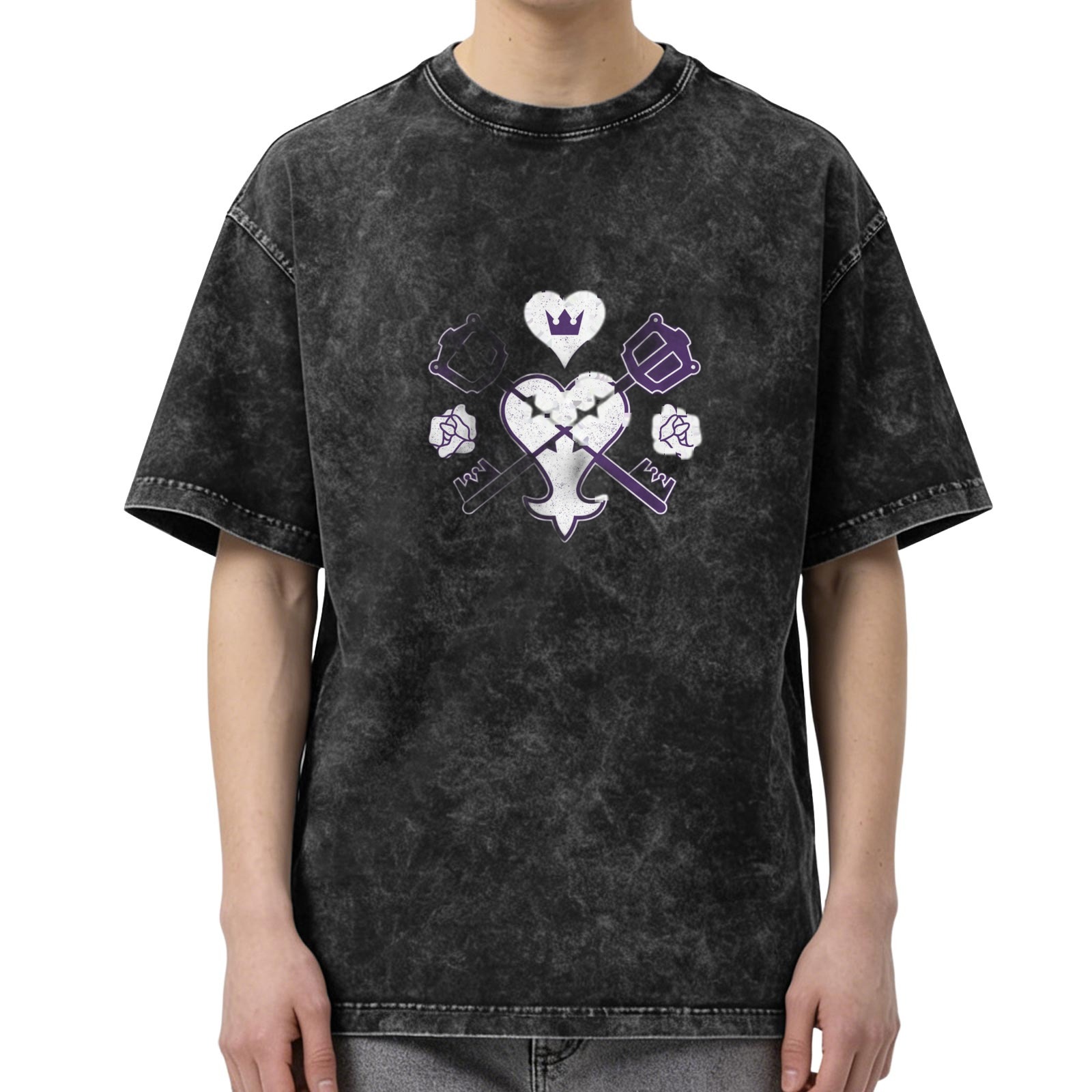 Washed Black Graphic T-Shirt With Heart Crown and Crossed Symbols Design