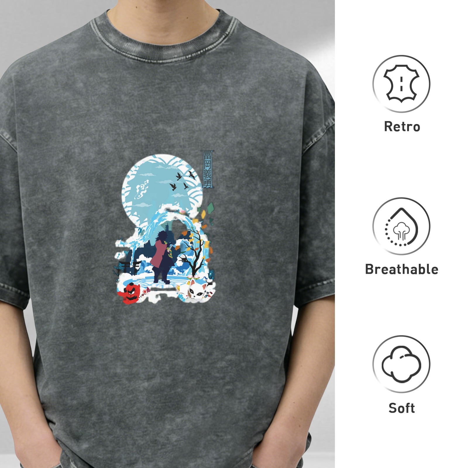 Washed Black Oversized T-Shirt With Anime Water Moon Graphic