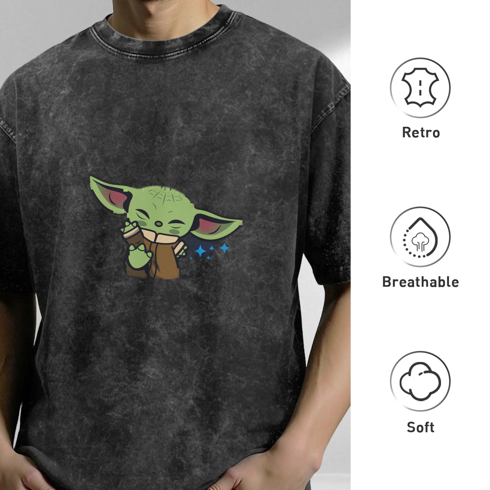 Washed black graphic t-shirt with cute Baby Yoda print