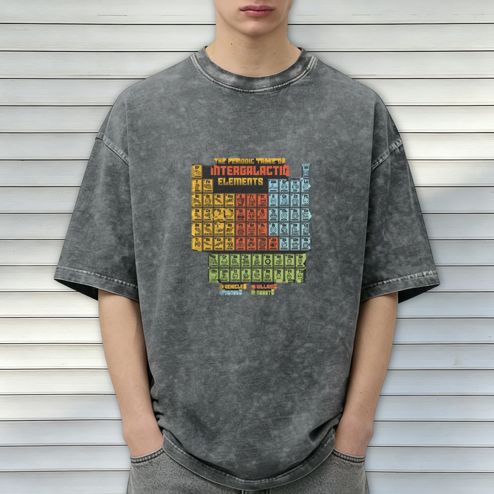 Retro washed black interstellar periodic table themed print loose short-sleeved T-shirt