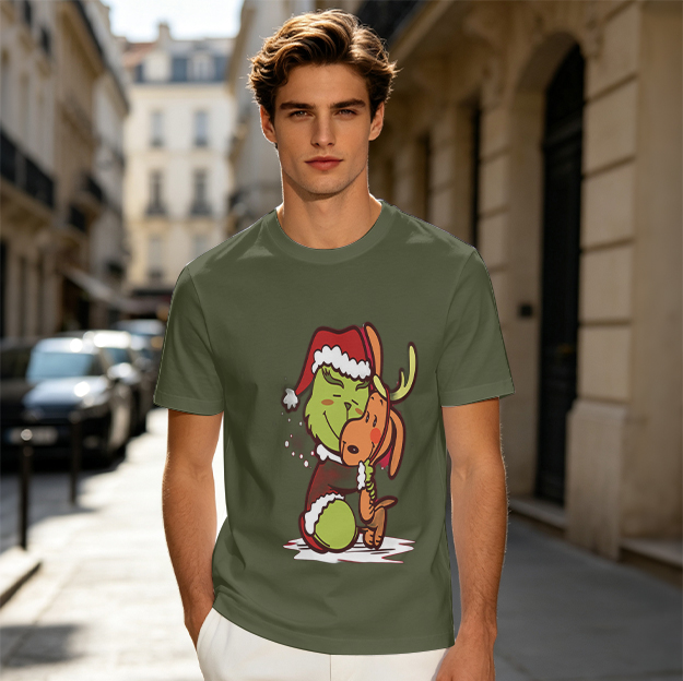 Olive Christmas T-Shirt Featuring Grinch Hugging Max The Reindeer