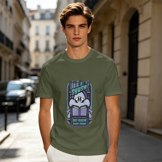 Olive T-shirt with Ghost Reading Spooky Stories 'Shush!' Print