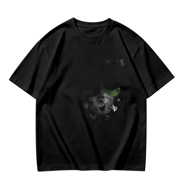 Olive green graphic t-shirt with playful cartoon character print