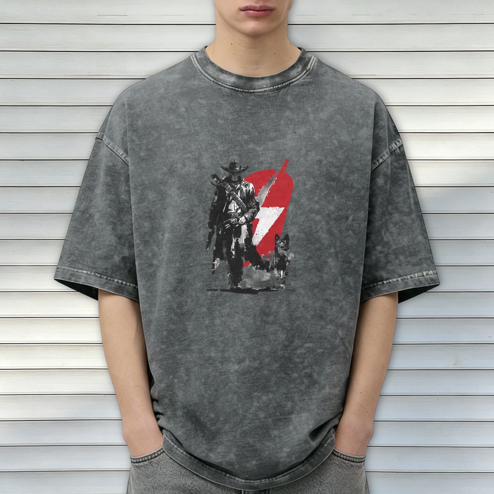 Distressed washed black loose short-sleeved T-shirt with retro pirate style graphic print