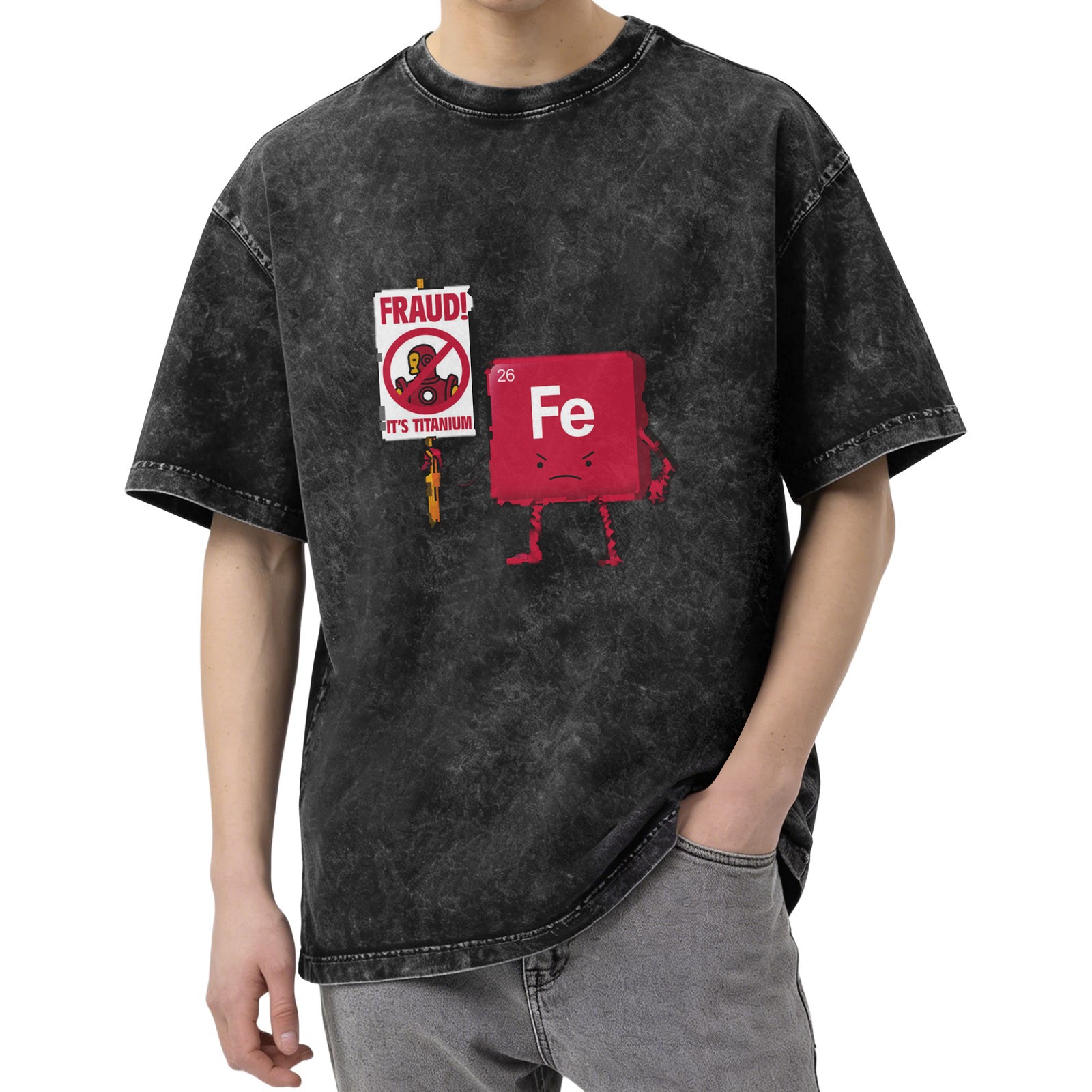 Oversized Acid Wash T-Shirt with Funny Iron Man Titanium vs Iron Element Graphic