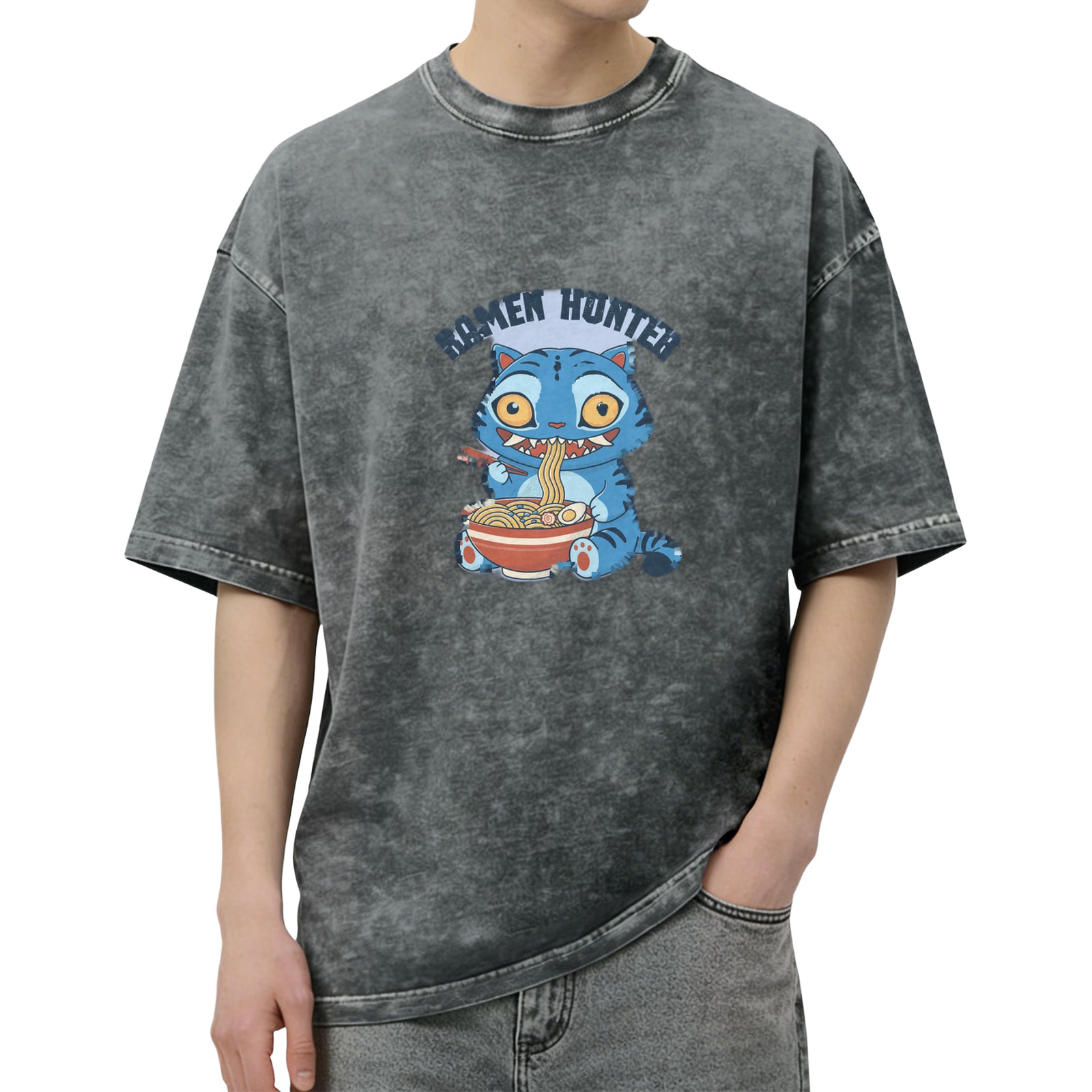 Ramen Hunter Cat Graphic Oversized Acid Wash T-Shirt