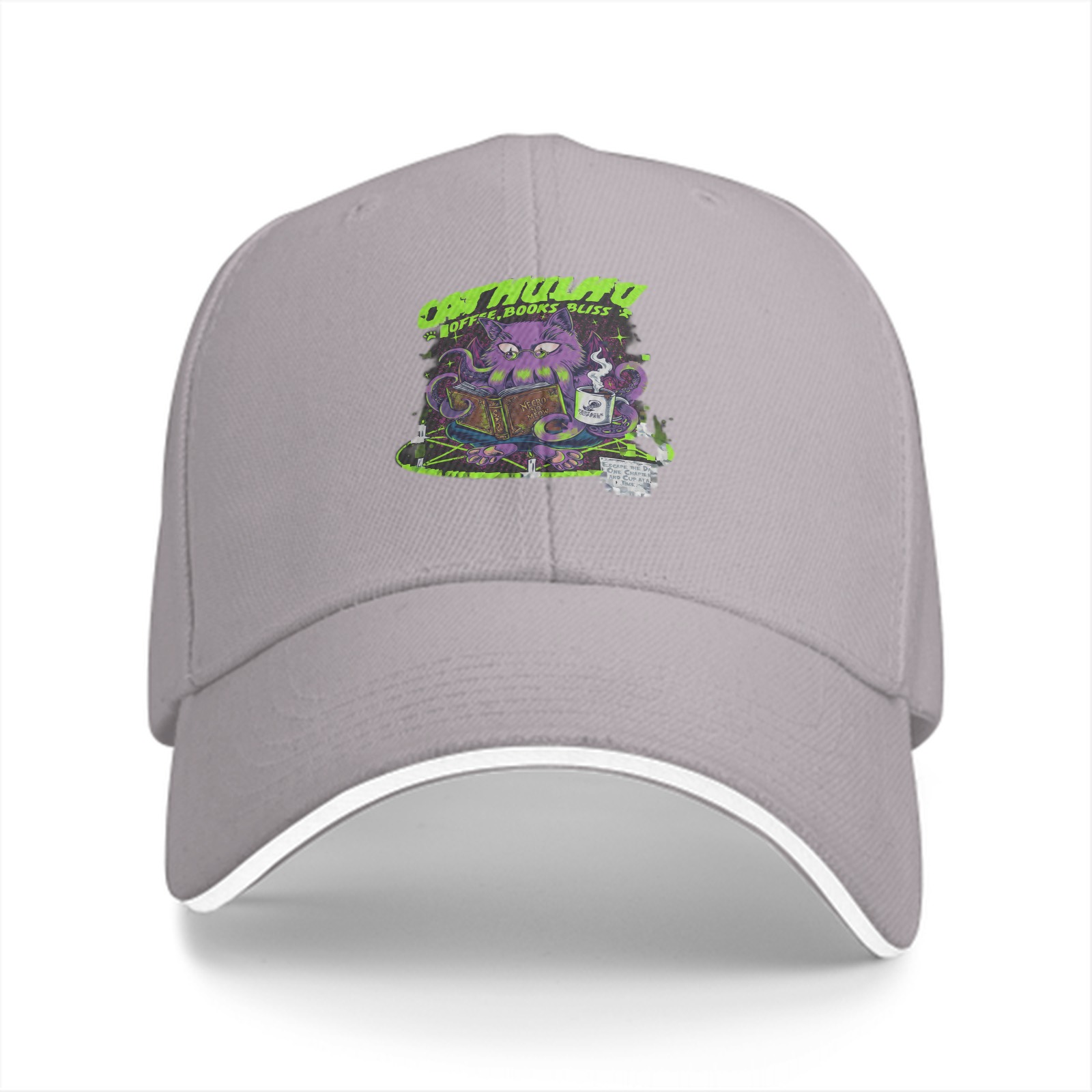 Black baseball cap with Cathulhu coffee and books graphic