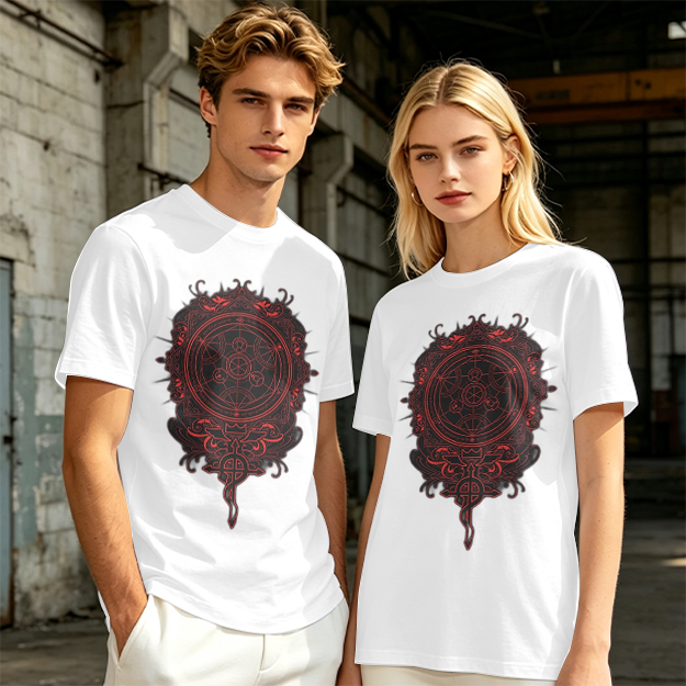 Olive T-Shirt With Red Occult Magic Circle Graphic