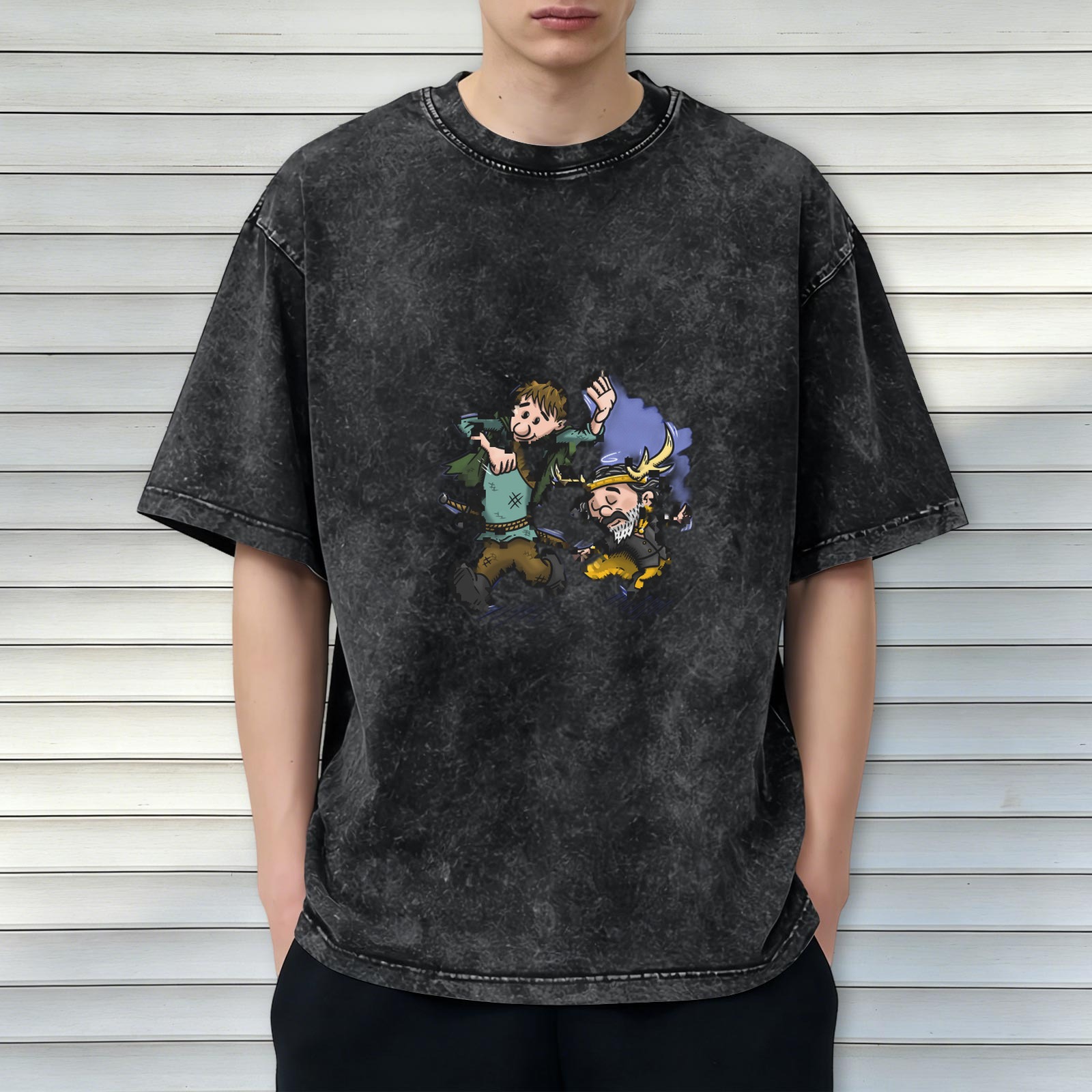 Washed Black T-Shirt With Cartoon Fantasy Character Print