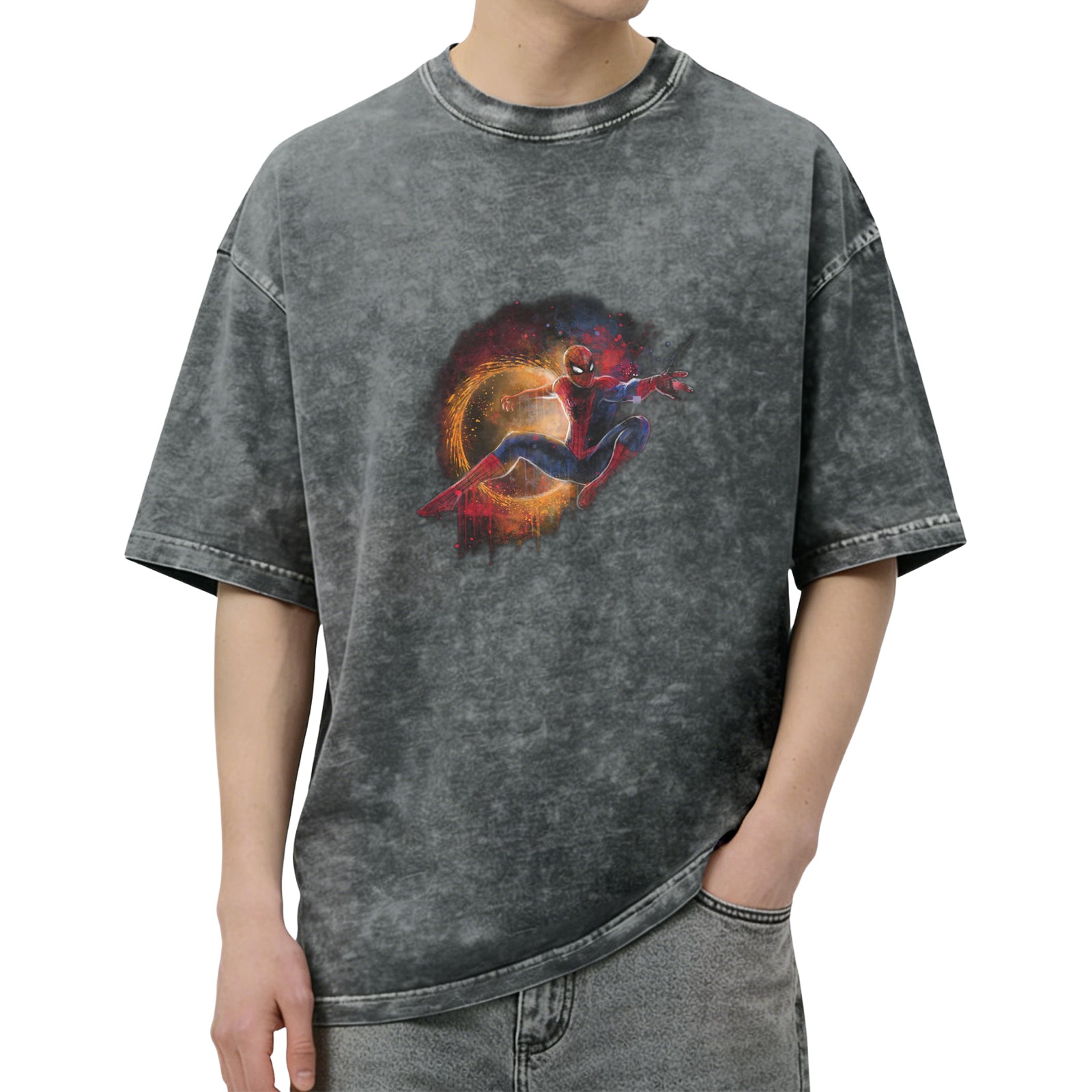 Oversized Acid Wash T-Shirt with Spider-Man Graphic Print