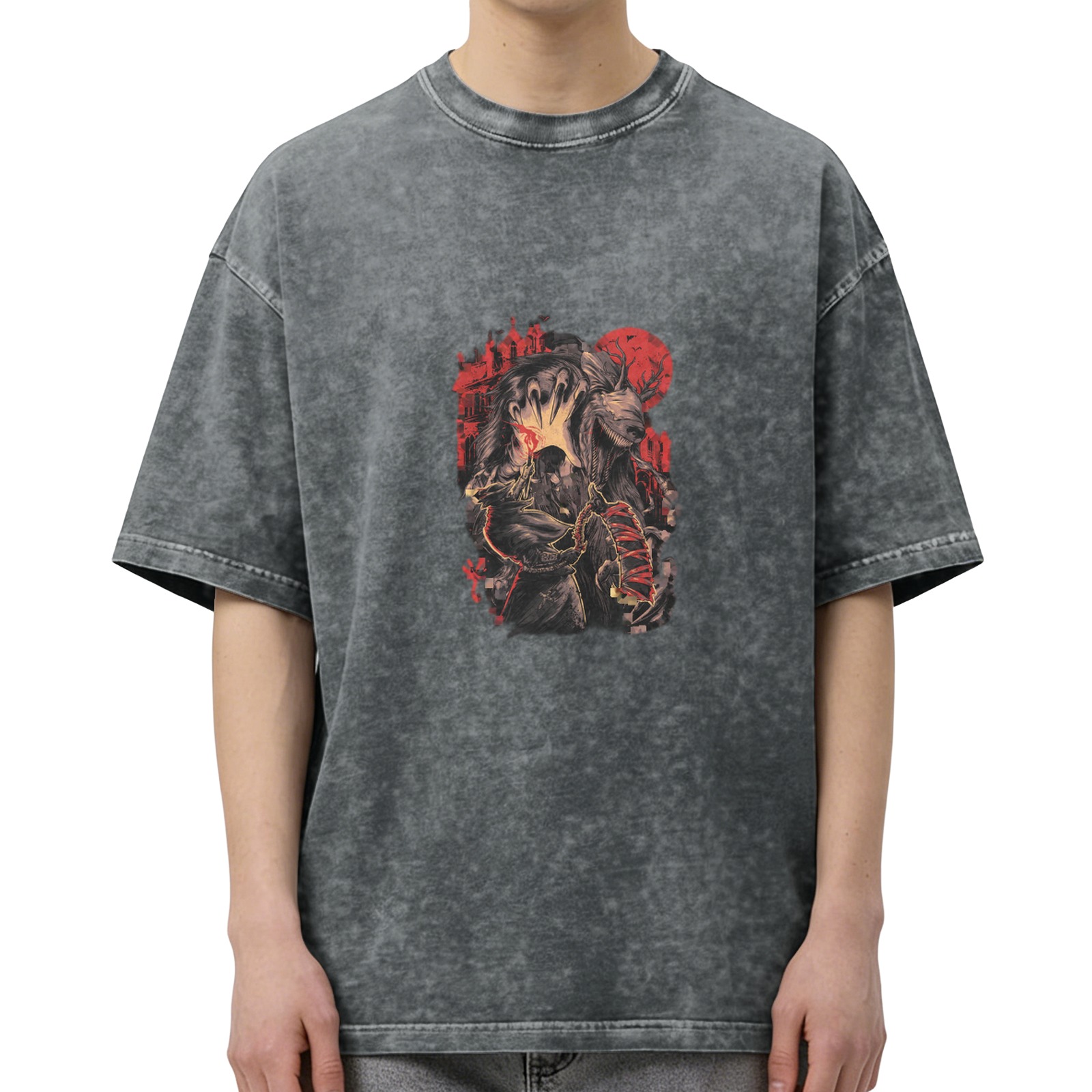Washed Black Graphic T-Shirt With Dark Fantasy Monster And Red Moon Print