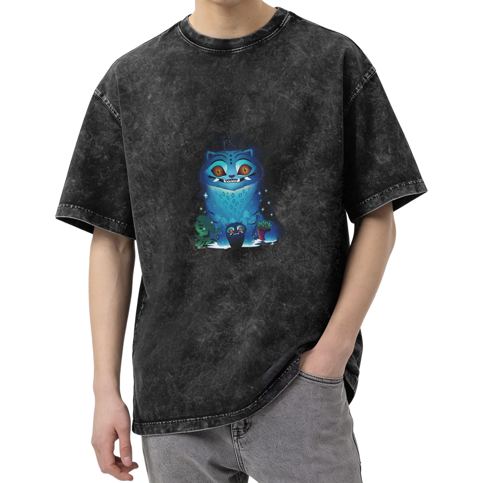 Distressed washed black loose short-sleeved T-shirt blue cat cartoon print trendy top