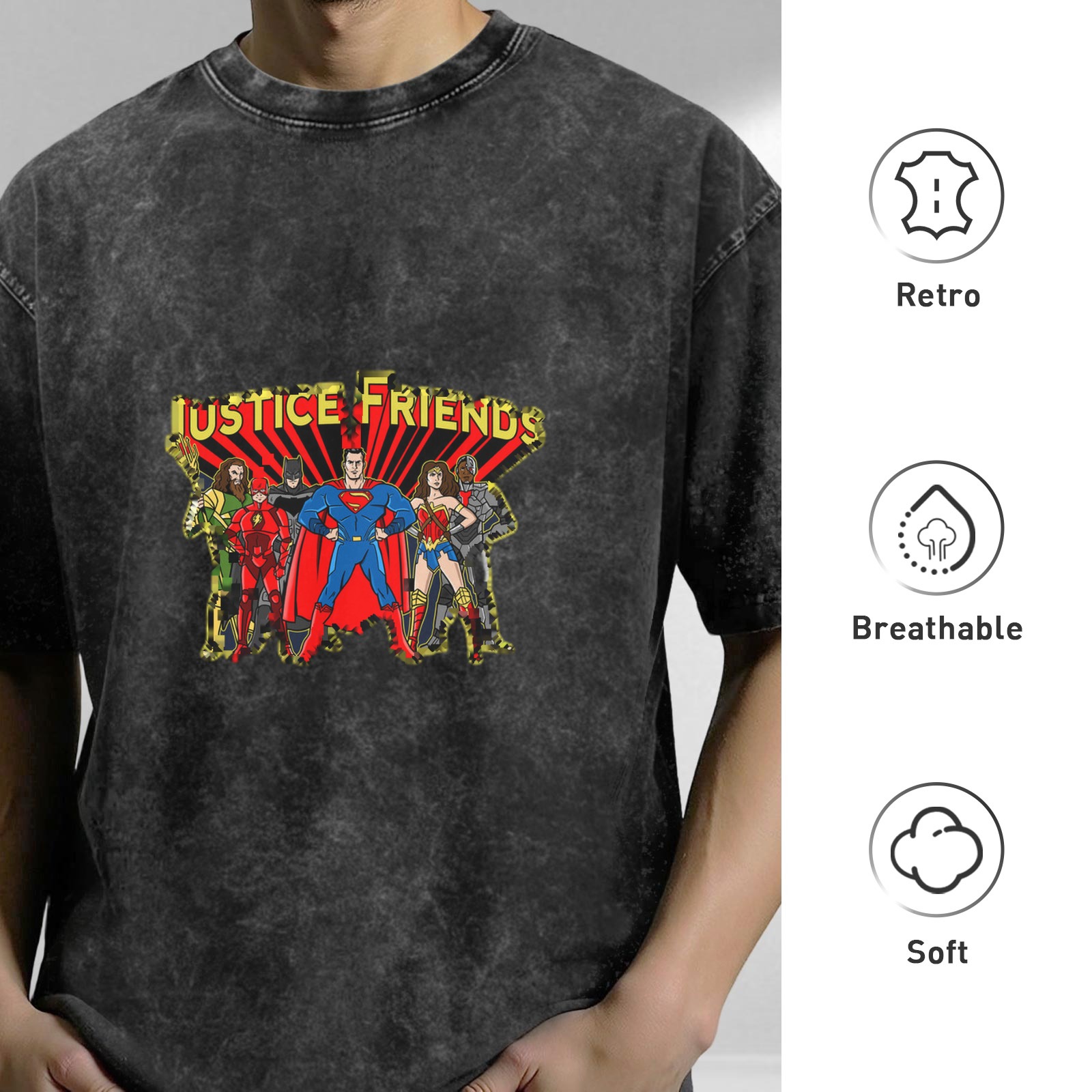 Justice Friends Superhero Graphic Vintage Wash T-Shirt
