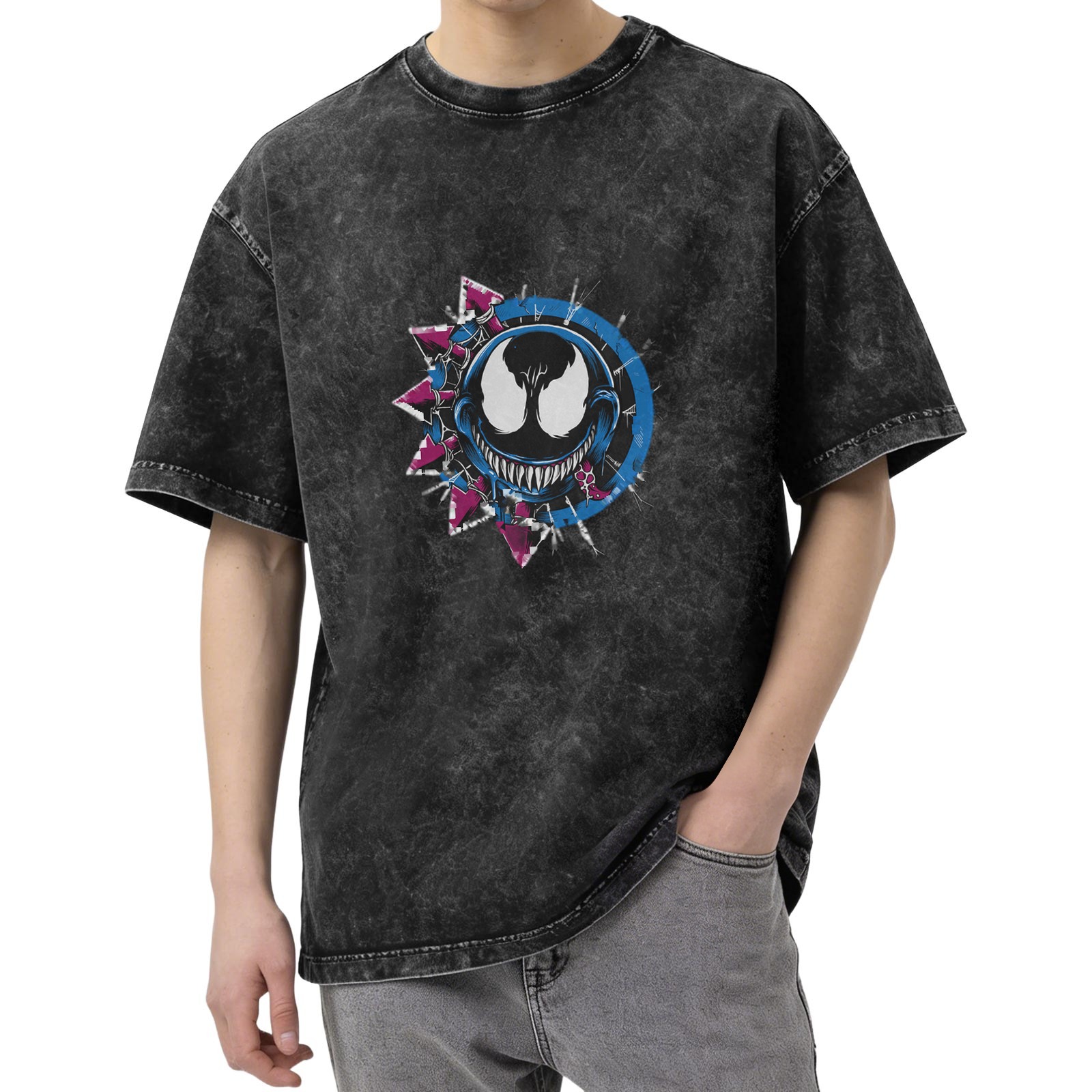 acid wash black t-shirt with venom graphic print