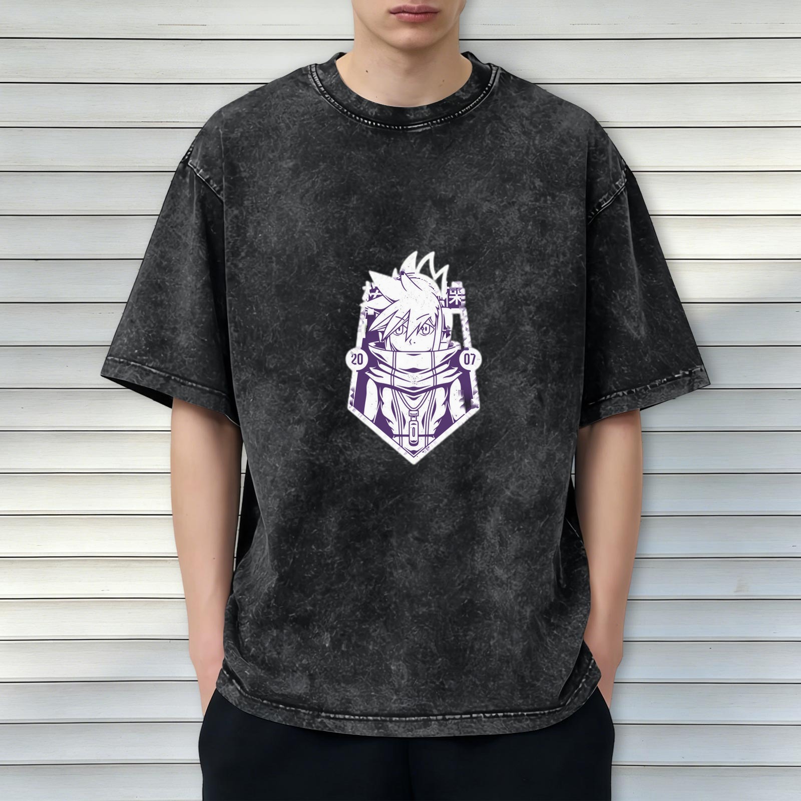 Oversized Acid Wash T-Shirt with Anime Character Graphic