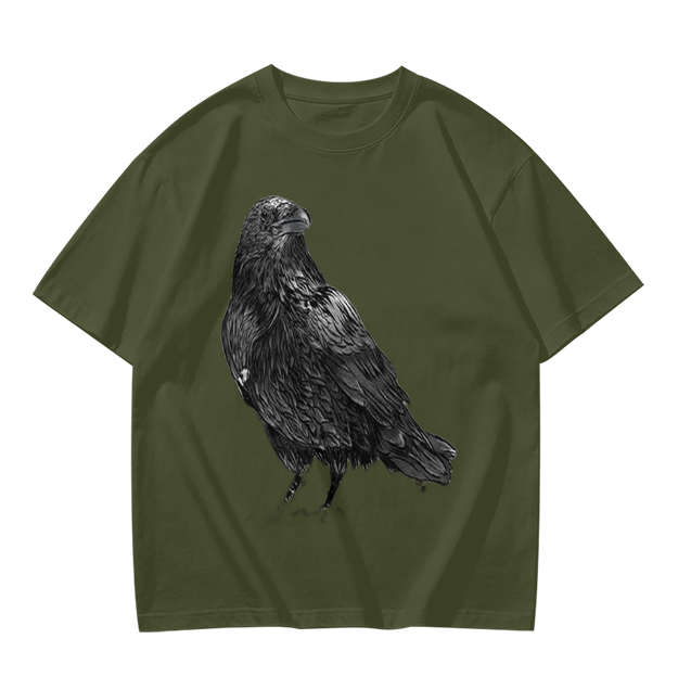 Olive Green T-Shirt With Detailed Raven Graphic Print