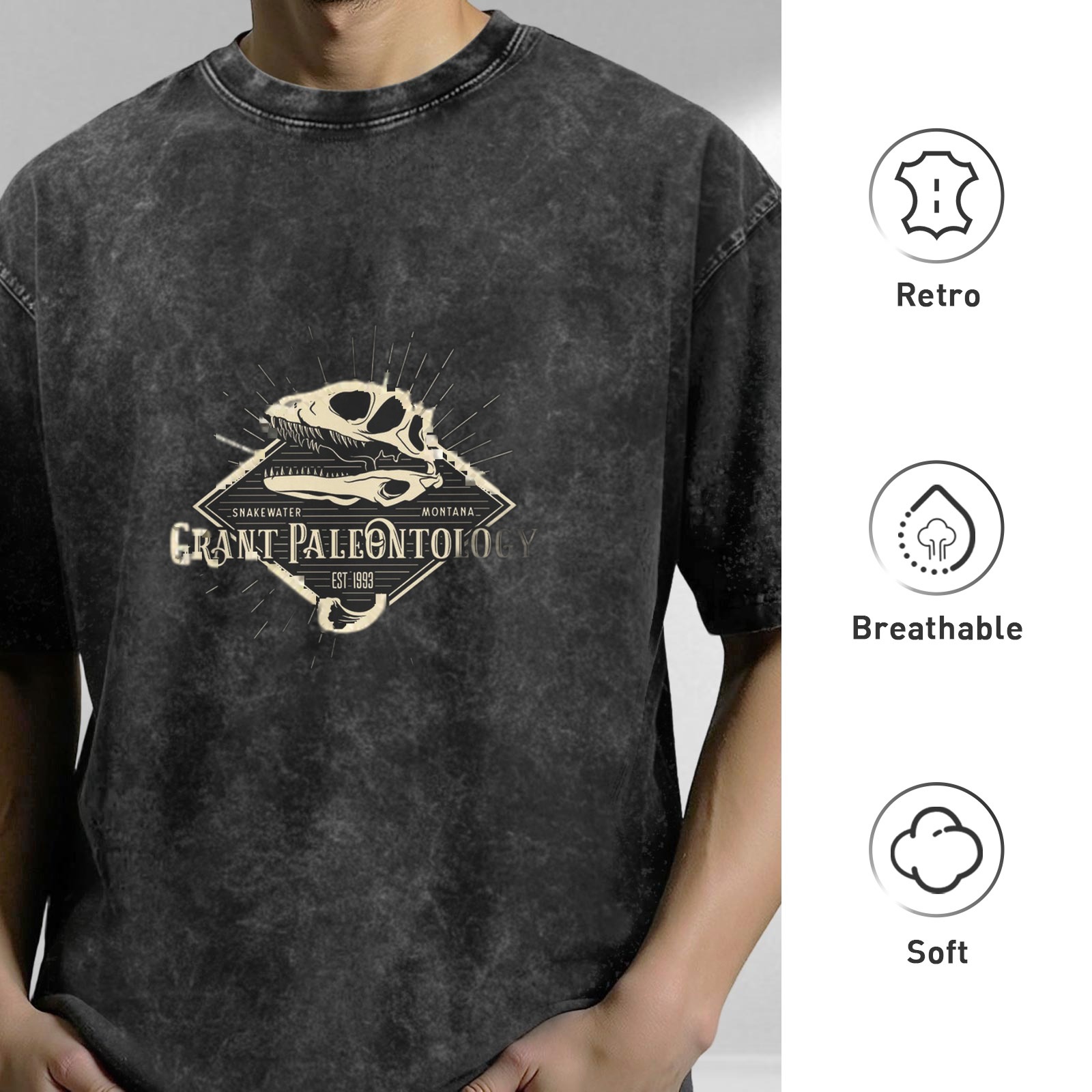 Grant Paleontology Dinosaur Skull Graphic Acid Wash Oversized T-shirt
