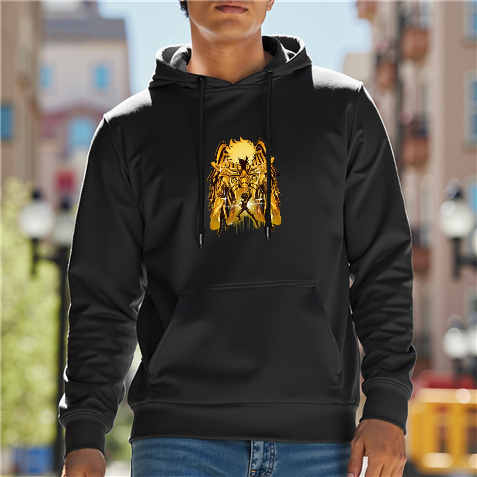 Black Hoodie With Golden Anime Warrior Art Print