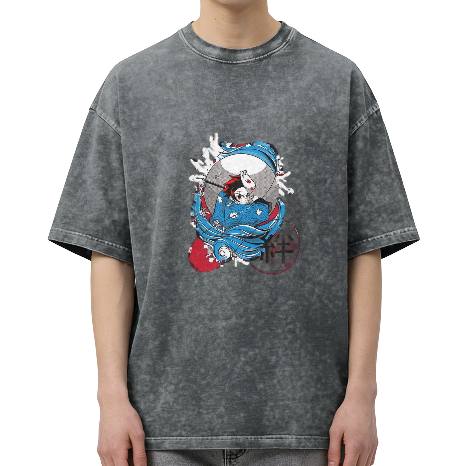 Oversized Washed Black Anime Graphic T-Shirt featuring Demon Slayer Tanjiro Kamado with Warding Mask Design
