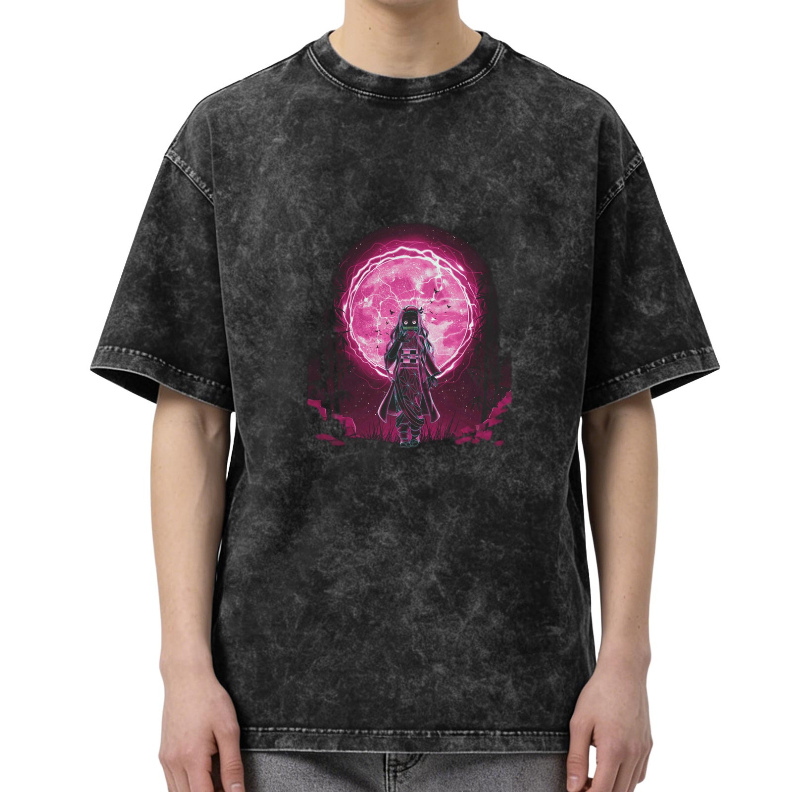 Oversized dark washed anime graphic t-shirt with pink moon design