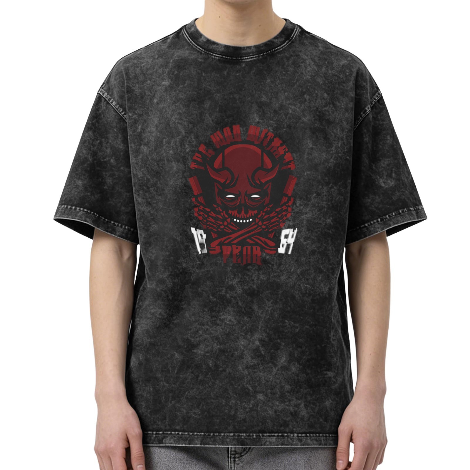 Oversized Acid Wash T-Shirt With Red Demon Skull Graphic