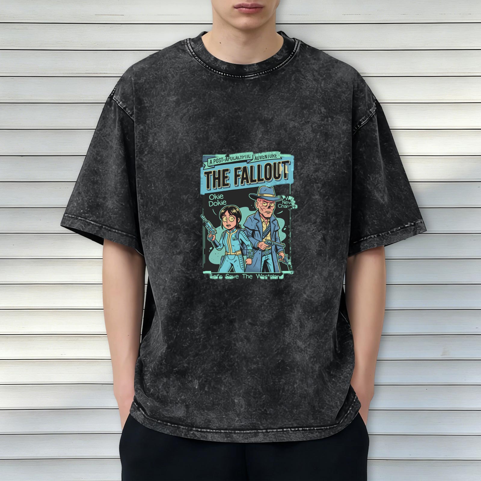 Washed Black Fallout Themed Graphic T-Shirt with Vault Dweller and Ghoul Art