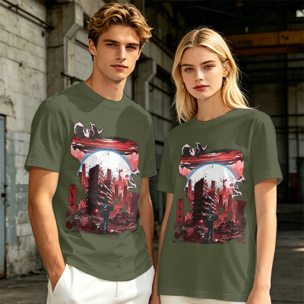 Olive Graphic T-Shirt with Post-Apocalyptic Cityscape Print