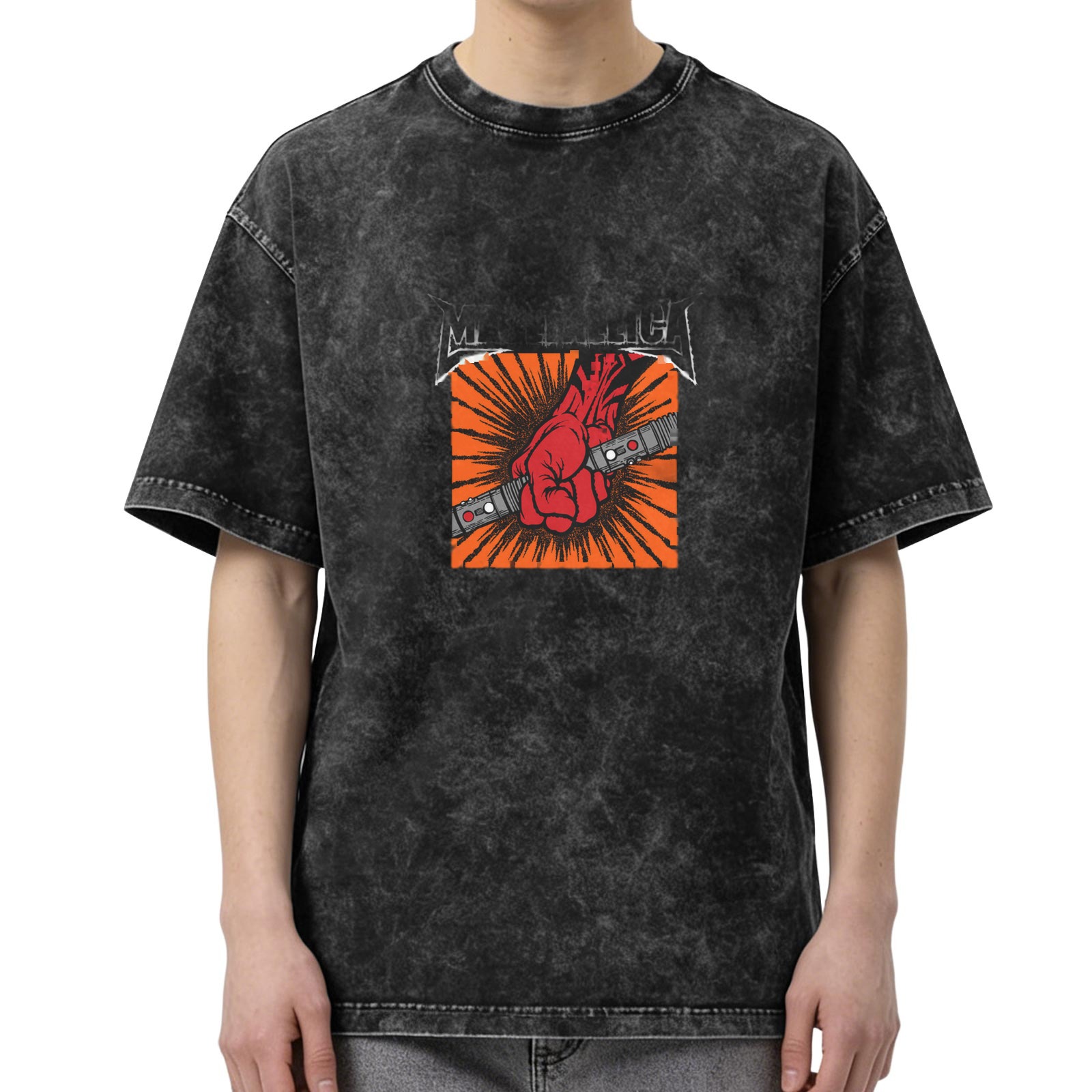 Metallica rock band themed acid washed distressed short-sleeved T-shirt Heavy metal band peripheral printed top