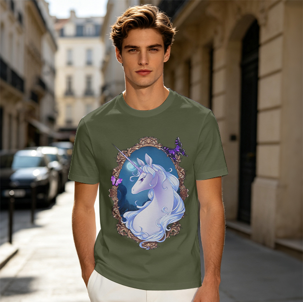 Olive T-Shirt With Ornate Framed Unicorn And Purple Butterflies Print