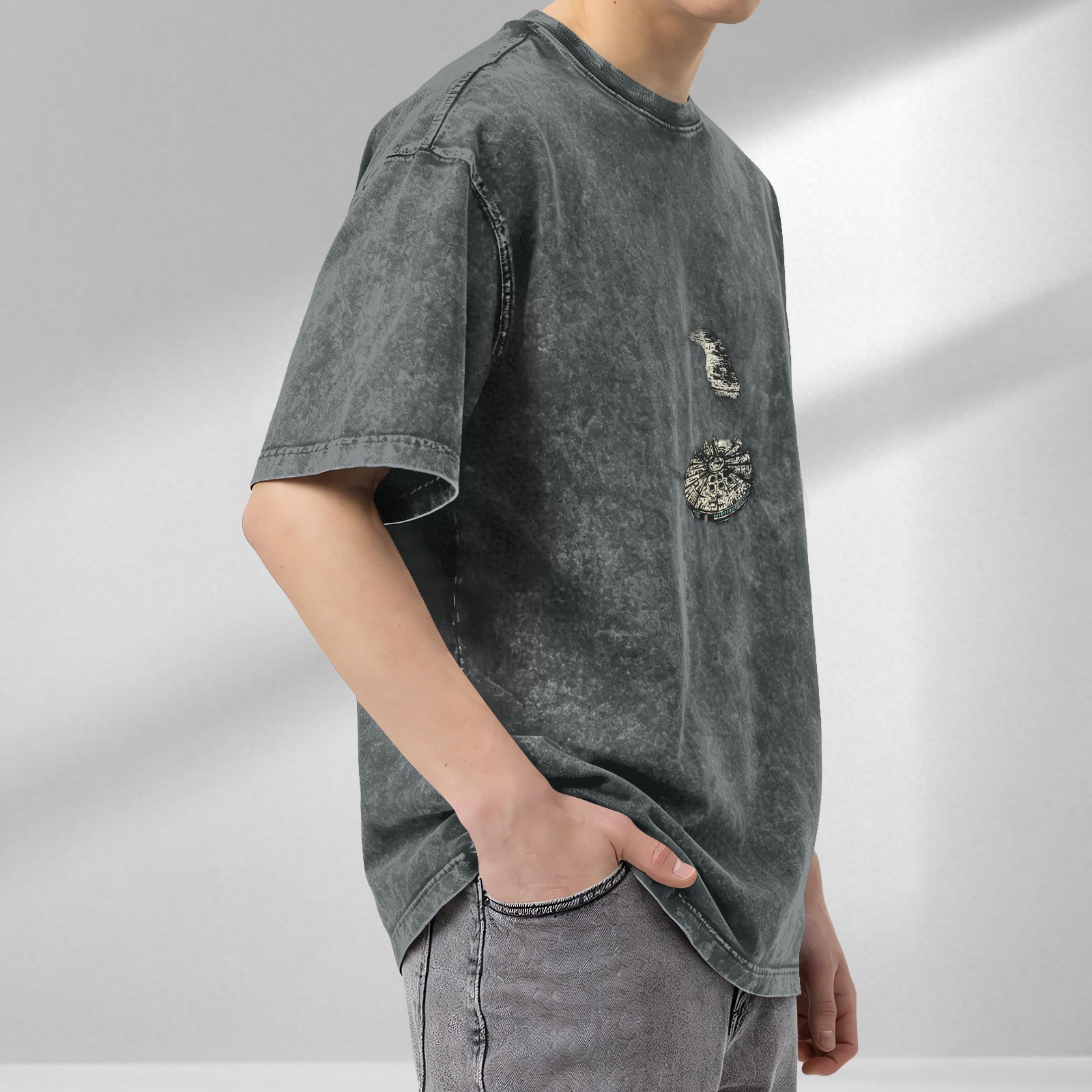 Distressed black and gray printed loose short-sleeved T-shirt
