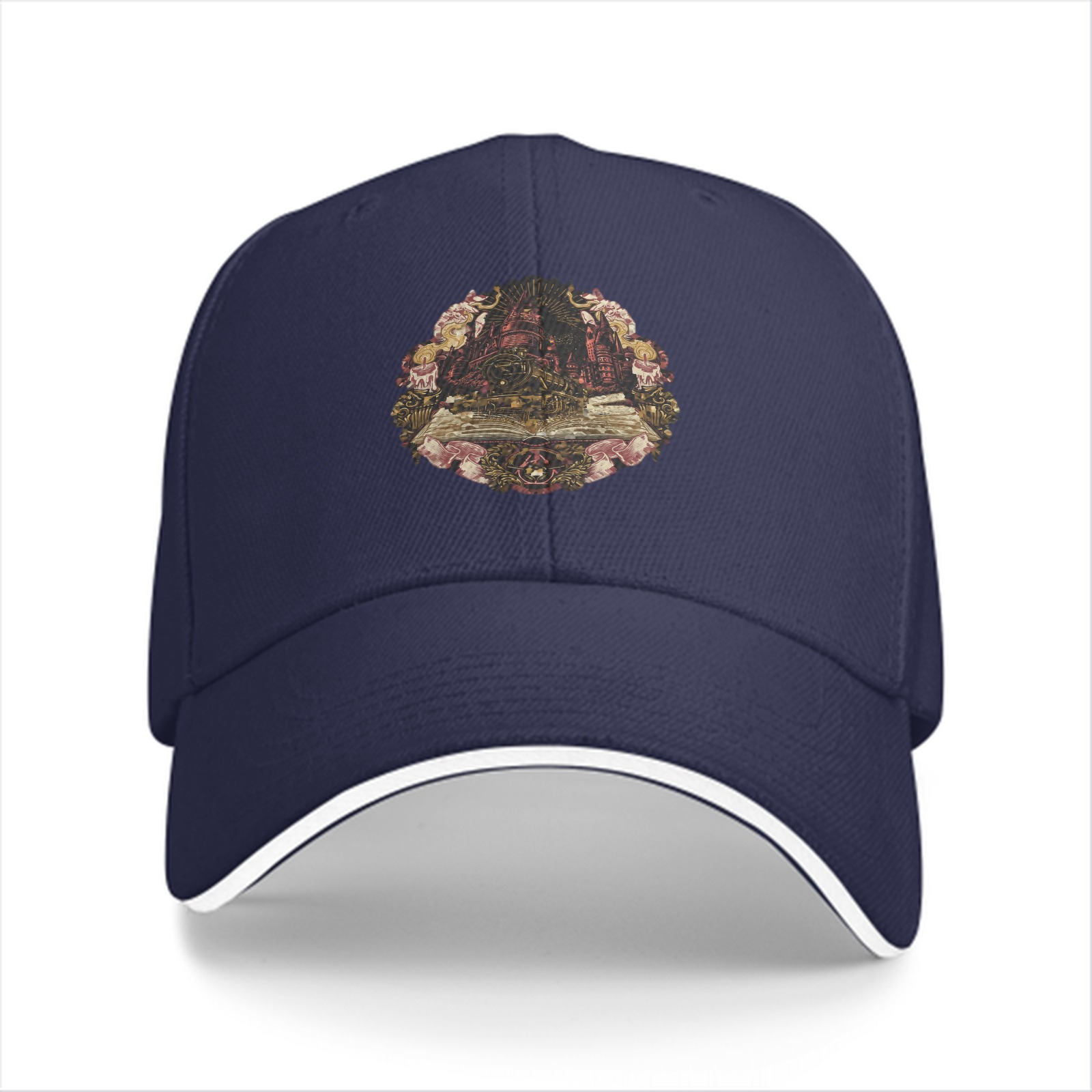 Black baseball cap with magical castle and train graphic