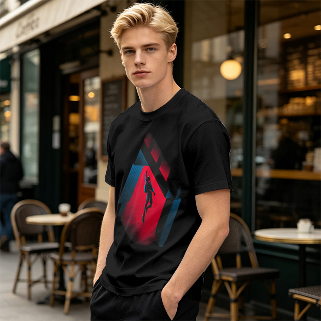 Olive T-shirt with Spider-Man mid-swing over city buildings