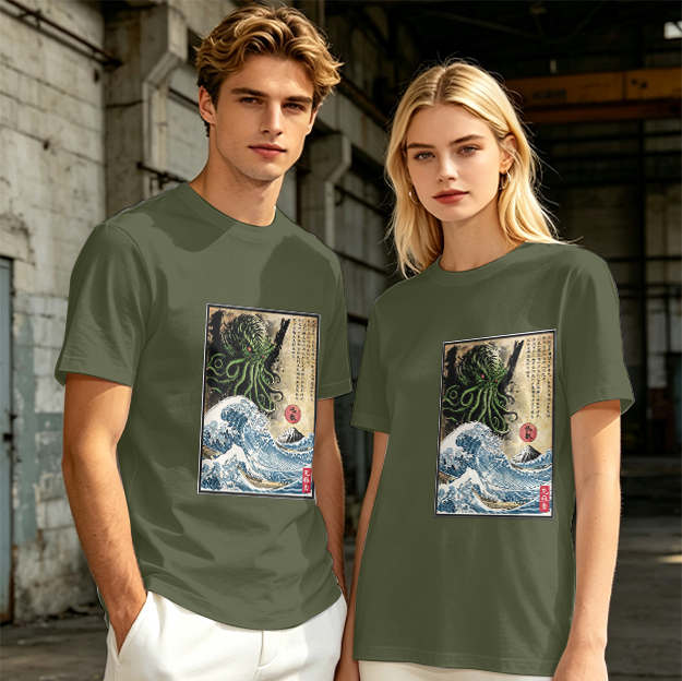 Olive T-shirt with Cthulhu Great Wave Japanese Art Print