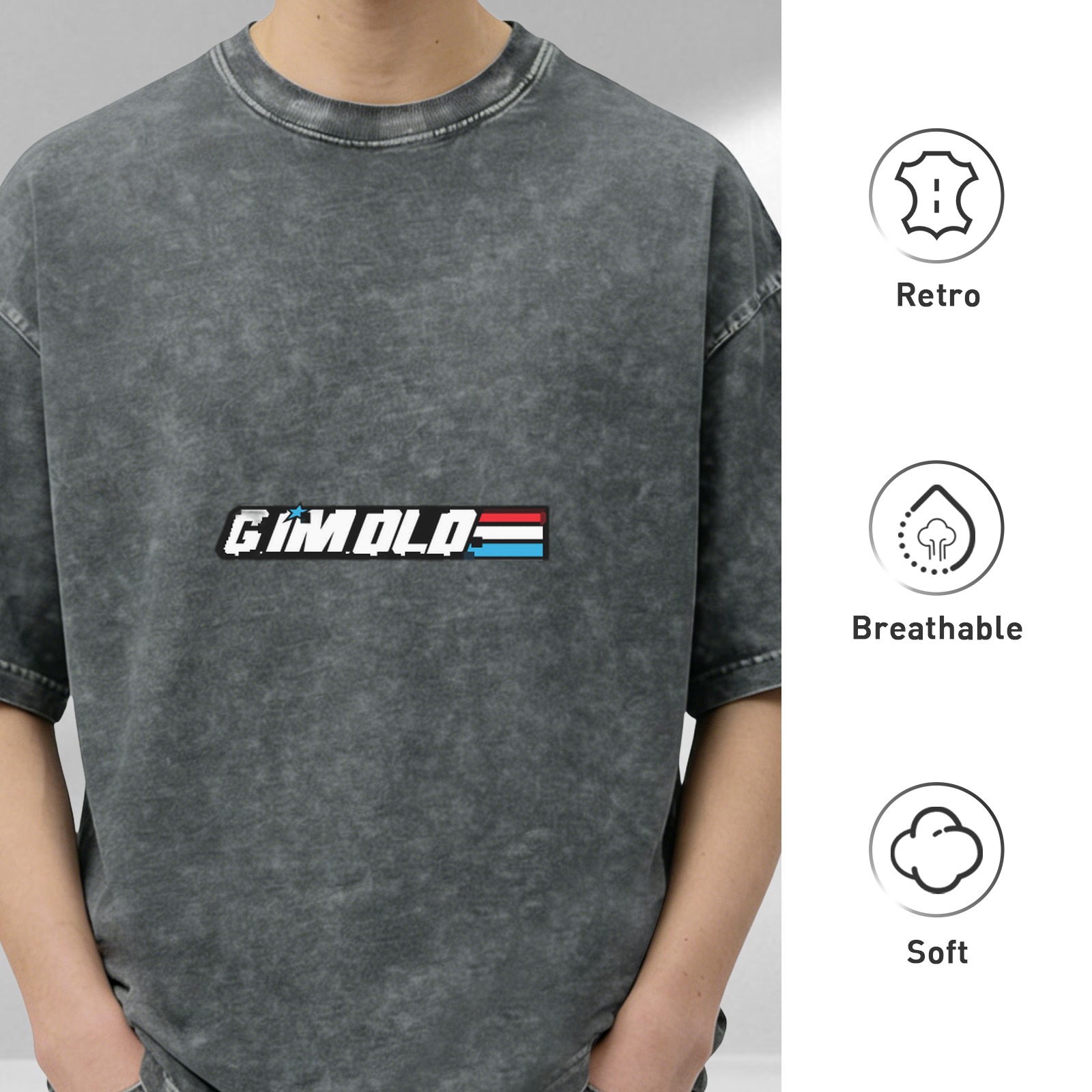 Distressed washed black loose short-sleeved T-shirt with GIMOLD letter print design on the chest