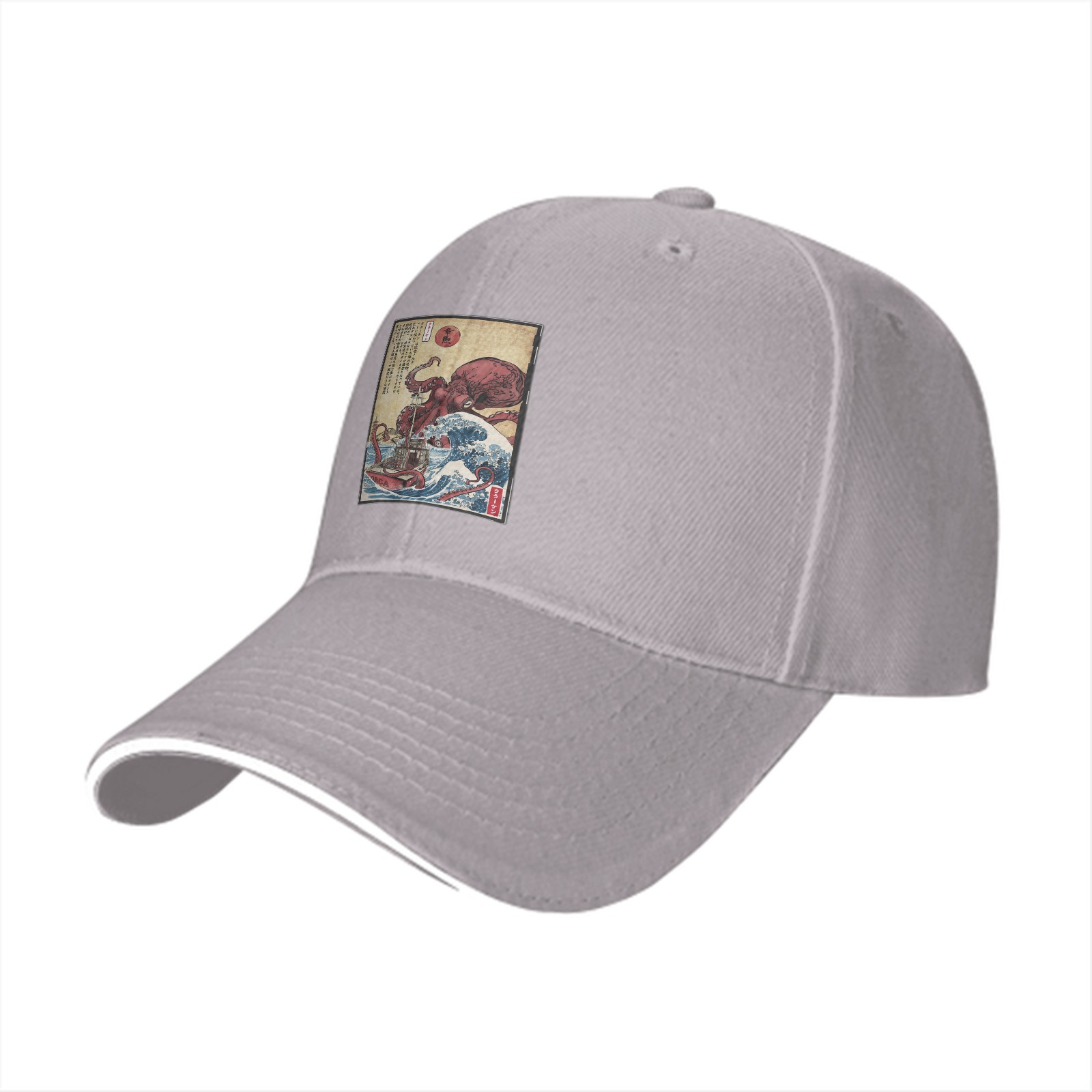 Black Baseball Cap with Japanese Octopus Wave Art Print