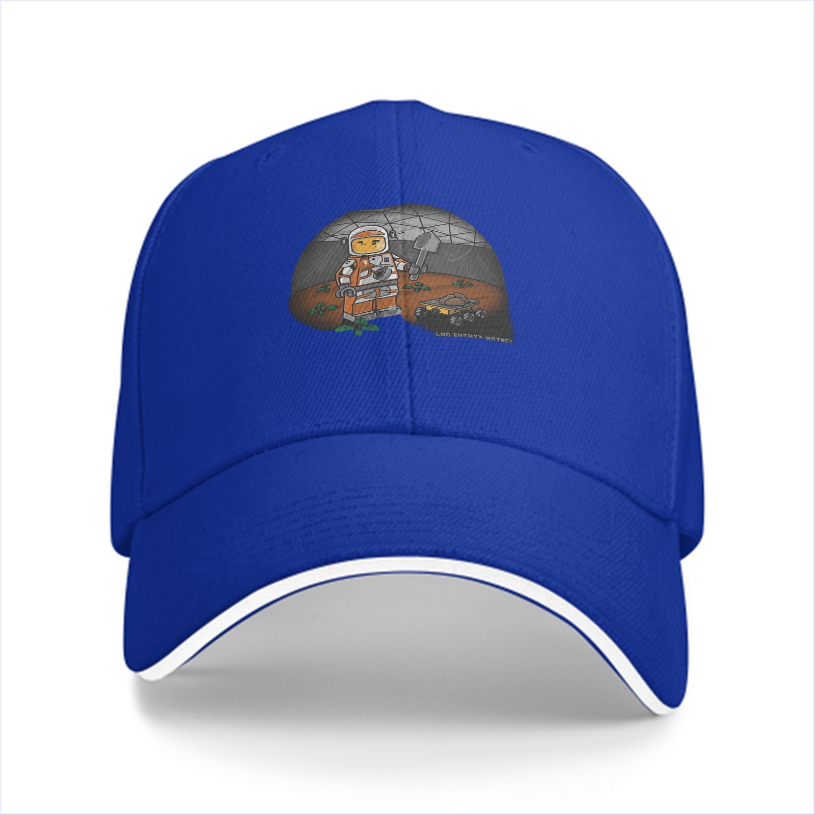 Black baseball cap with space astronaut minifigure graphic
